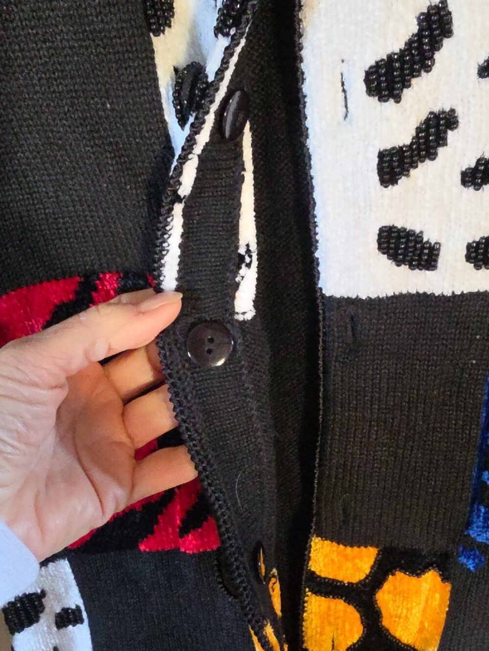 Vintage Berek Black Multi Patchwork Animal-Print Teddy Collar Sweater Jacket - Picture 5 of 11